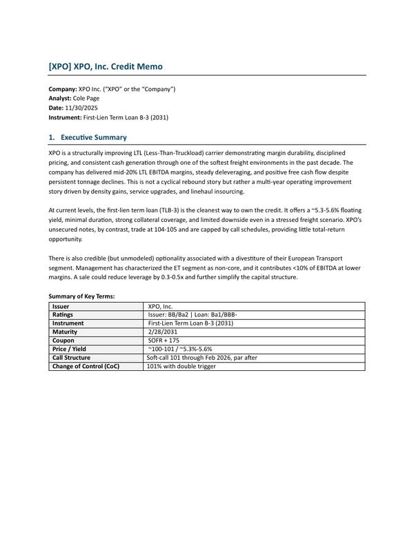 First page of XPO TLB-3 Credit Memo